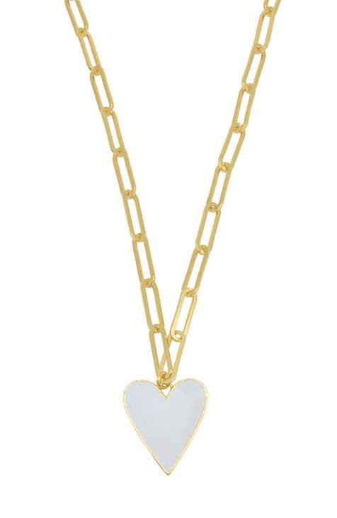 White Enamel Heart Pendant & Paperclip Chain Necklace