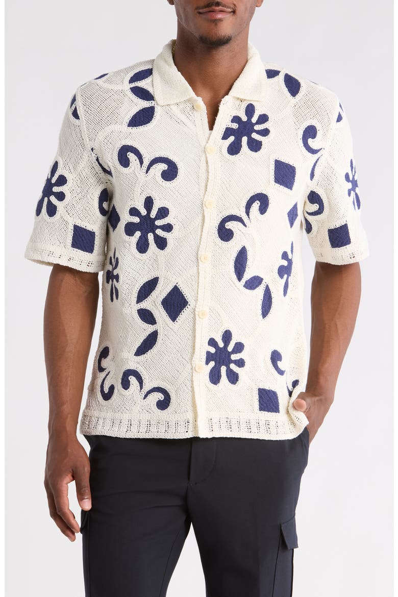 Porto Doodle Open Knit Short Sleeve Button-Up Shirt, Alternate, color, ECRU / DARK BLUE