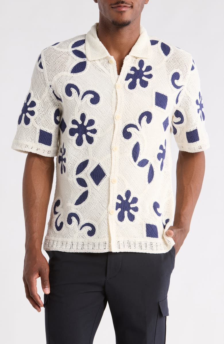 Wax London Porto Doodle Open Knit Short Sleeve Button-Up Shirt, Alternate, color, Ecru / Dark Blue