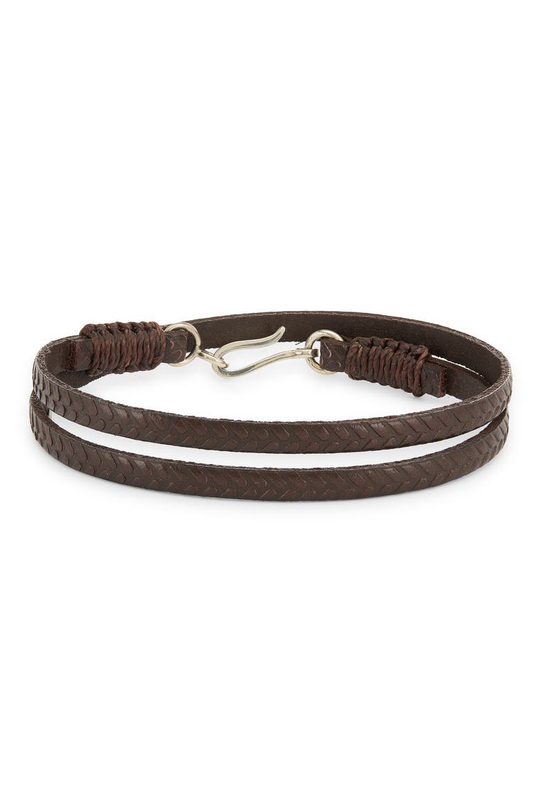Men's Sterling Silver Woven Embossed Leather Wrap Bracelet, Main, color, DARK BROWN