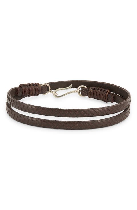 Men's Sterling Silver Woven Embossed Leather Wrap Bracelet