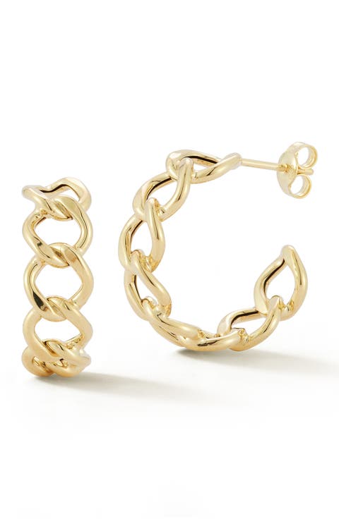 14K Gold Curb Chain Hoop Earrings