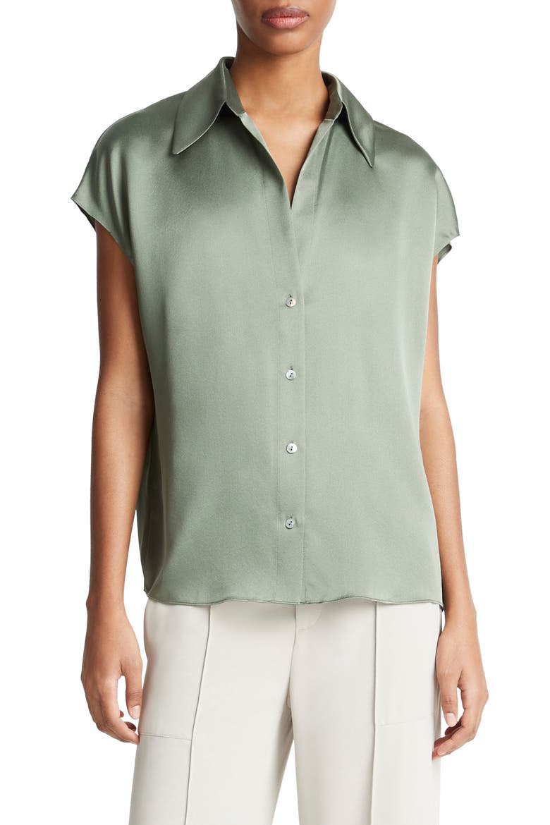 Cap Sleeve Gathered Back Short Sleeve Silk Button-Up Shirt, Main, color, SEA FERN
