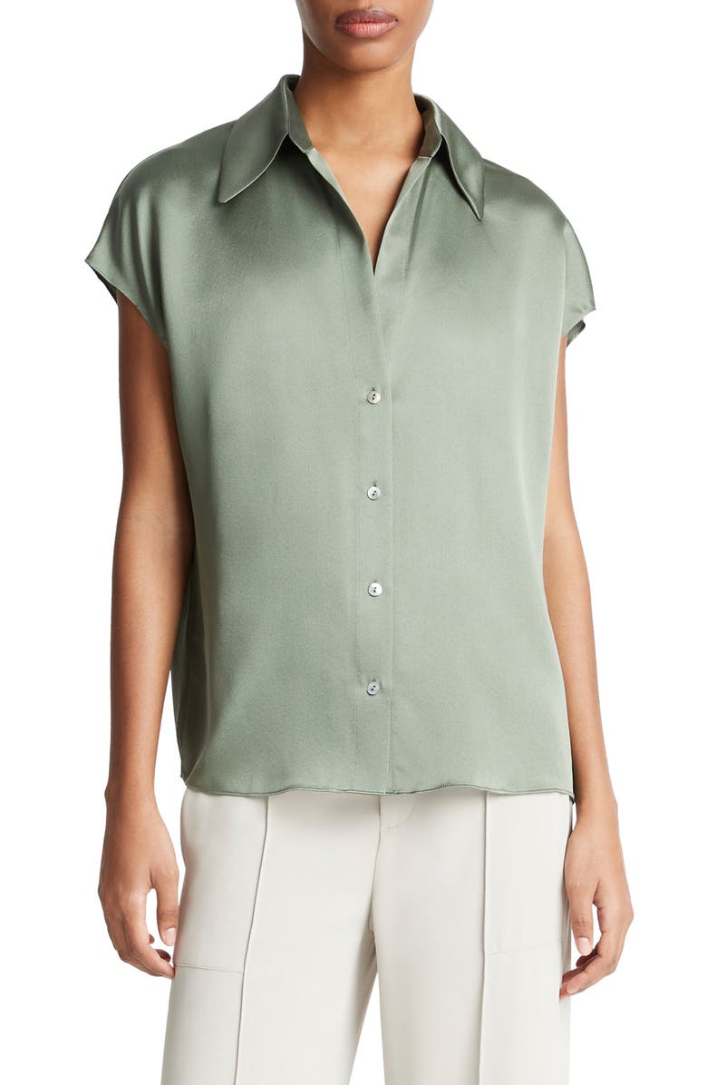Vince Cap Sleeve Gathered Back Short Sleeve Silk Button-Up Shirt, Main, color, Sea Fern