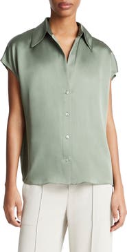 Vince Cap Sleeve Gathered Back Short Sleeve Silk Button-Up Shirt
