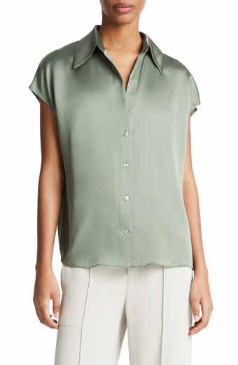 Vince Cap Sleeve Gathered Back Short Sleeve Silk Button-Up Shirt