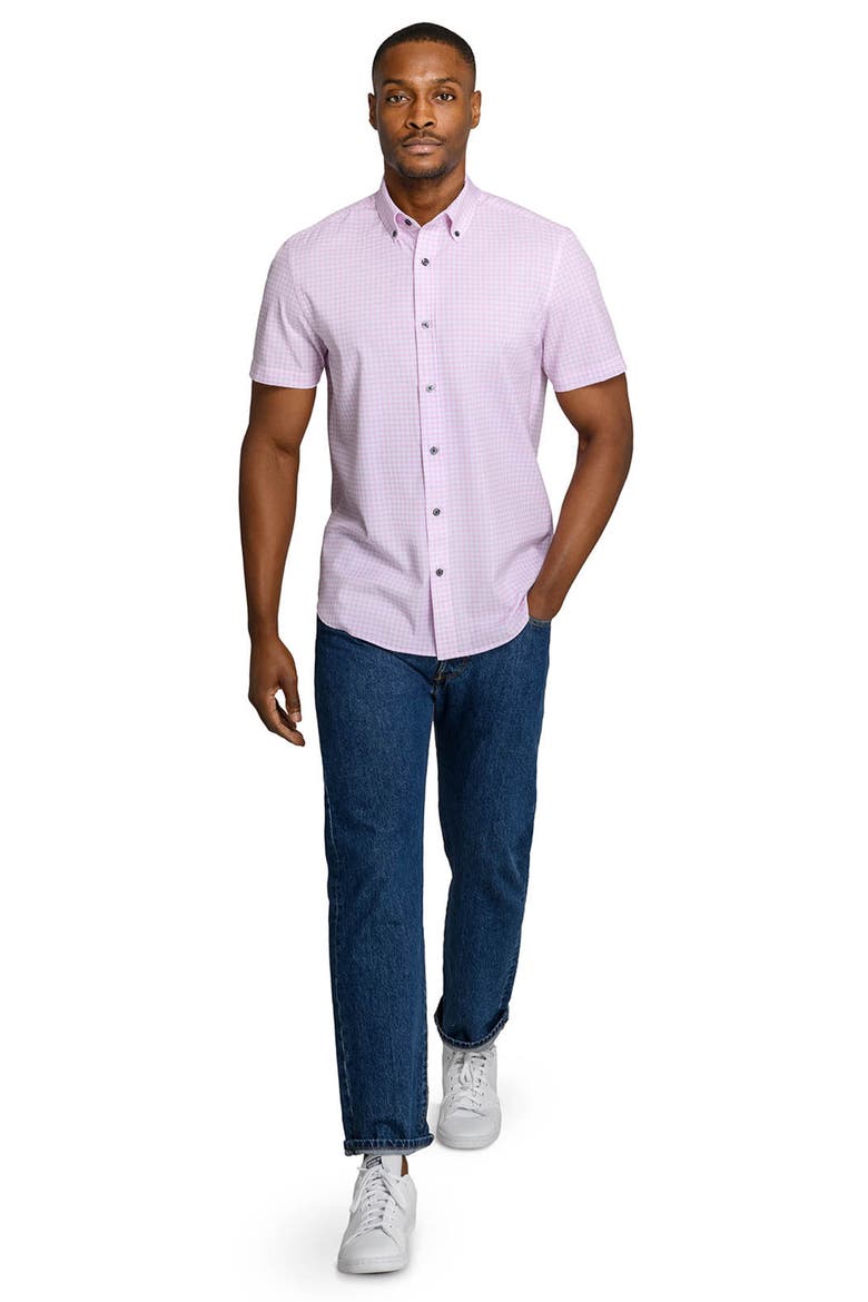 Slim Fit Gingham Woven Short Sleeve Basic Shirt, Alternate, color, LT. PINK