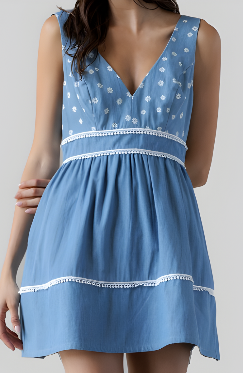 Modenaire Embroidered Sleeveless Lace-Trim V-Neck Mini Dress, Alternate, color, 