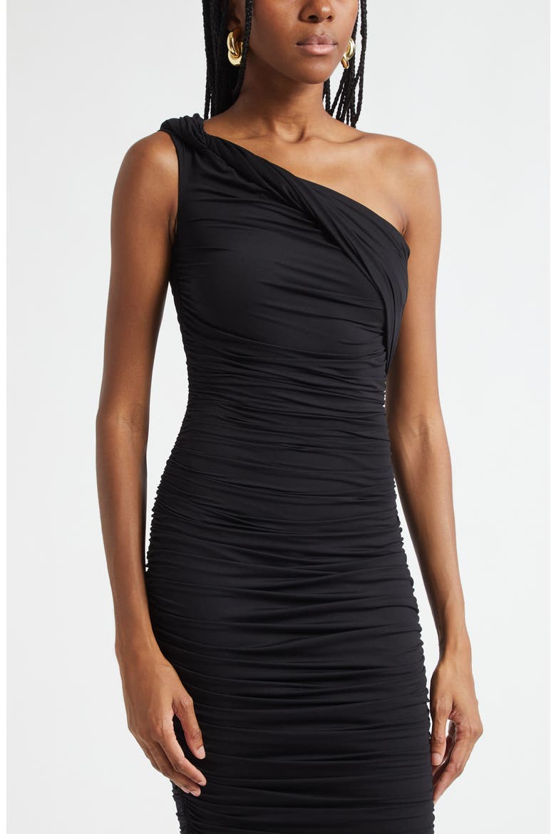 Cheryl Shirred One-Shoulder Body-Con Midi Dress, Alternate, color, BLACK