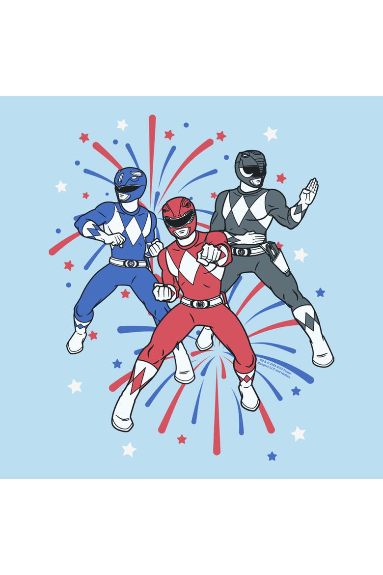 Mens Power Rangers Classic Fireworks Trio T Shirt, Alternate, color, Light Blue