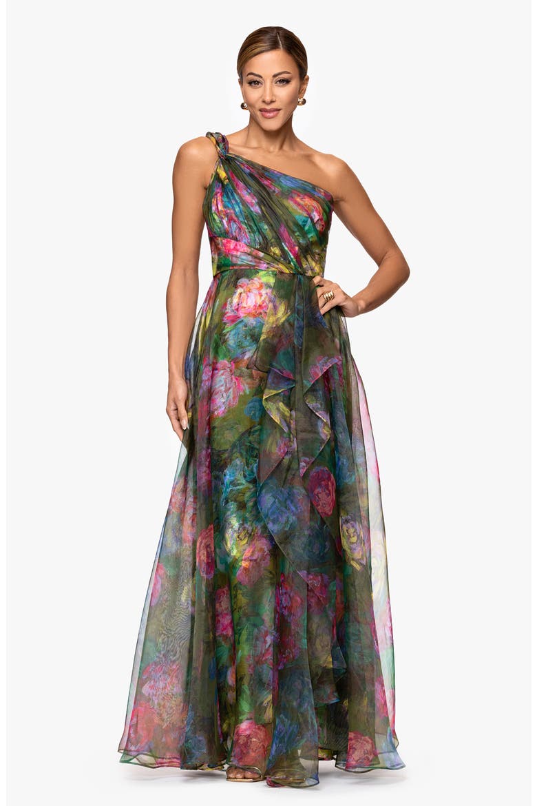 One-Shoulder Floral Organza Gown, Alternate, color, GREEN/ MULTI