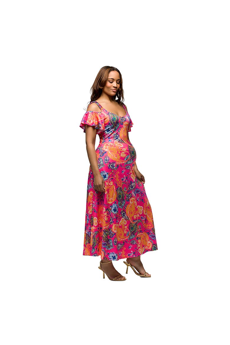 Maternity Pink Paisley Cold Sholder Ruffle Sleeve A-Line Maxi Dress, Alternate, color, Pink Multi