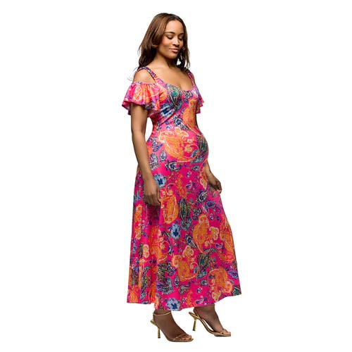 24seven Comfort Apparel Maternity Pink Paisley Cold Sholder Ruffle Sleeve A-line Maxi Dress