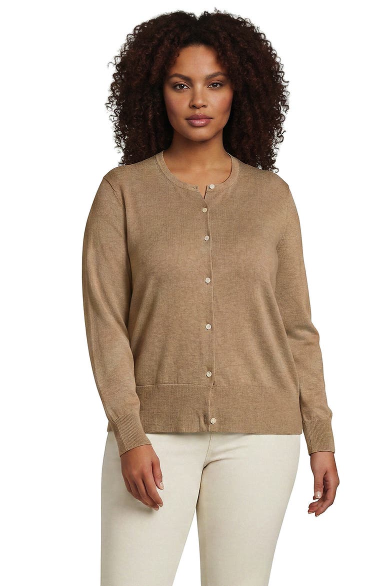 Plus Size Fine Gauge Cotton Crew Cardigan Sweater, Main, color, Vicuna Heather
