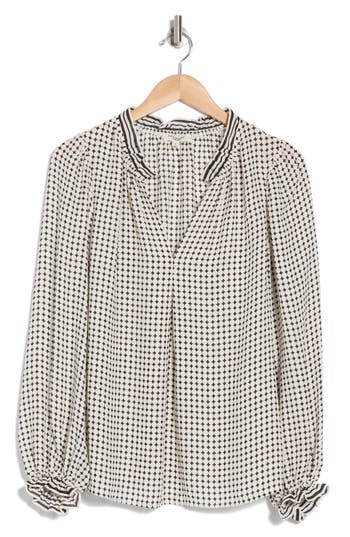 Max Studio Printed Crepe Long Sleeve Top In Ivory Black Dot