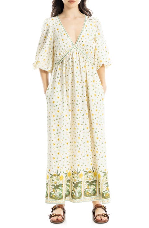 Puff Sleeve Plunge Neck Midi Dress