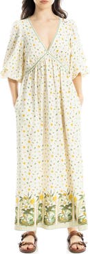 MAX STUDIO Puff Sleeve Plunge Neck Midi Dress