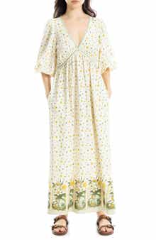 MAX STUDIO Puff Sleeve Plunge Neck Midi Dress