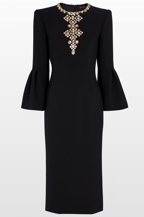Margoni Bell-Sleeve Embellished Midi Dress