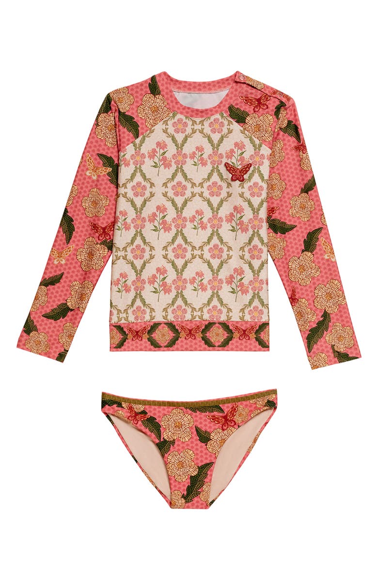 Agua Bendita Kids' Lackie UPF 50 Two-Piece Rashguard Swimsuit, Main, color, Red