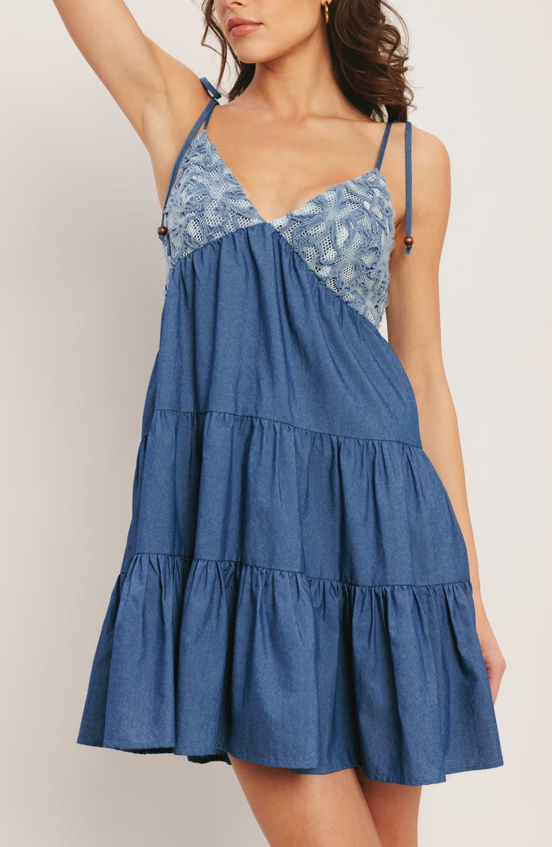 FLYING TOMATO Tie Strap Tiered Denim Dress, Alternate, color, Blue