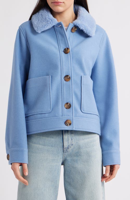 Sam Edelman Crop Jacket With Faux Shearling Collar In Blue