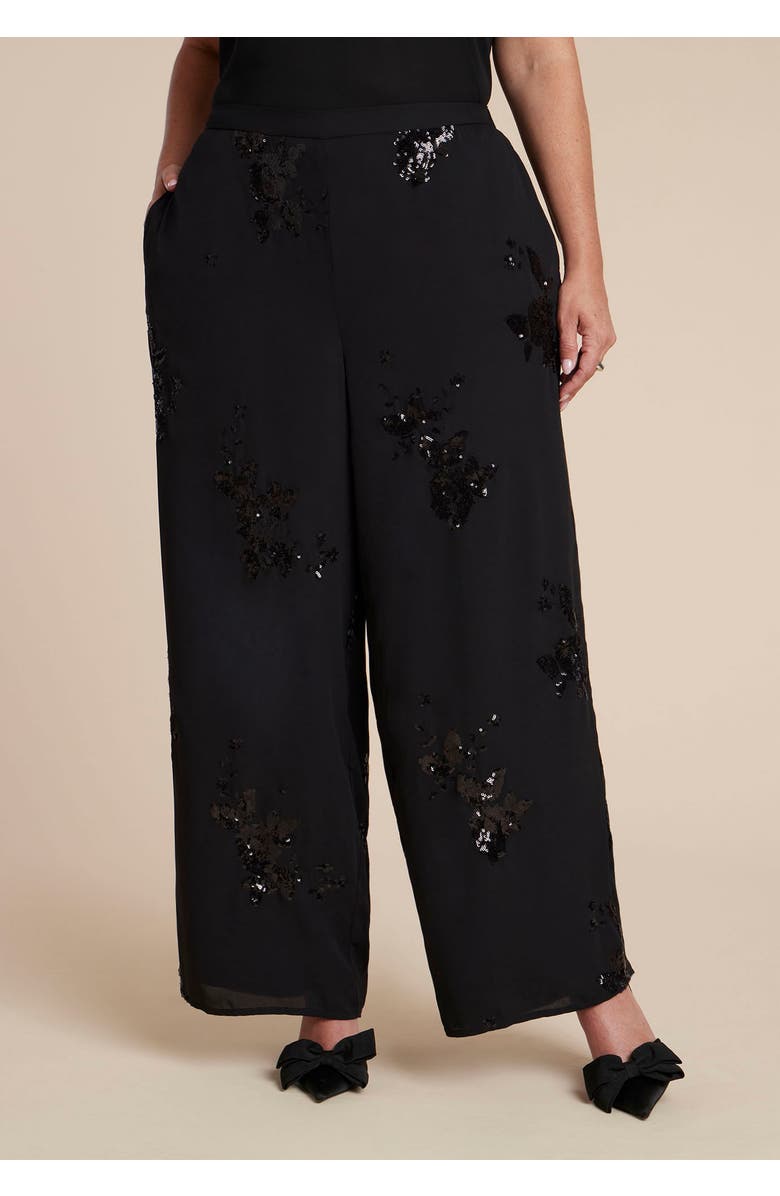 ELOQUII Floral Sequin Wide Leg Pant, Alternate, color, Black Onyx