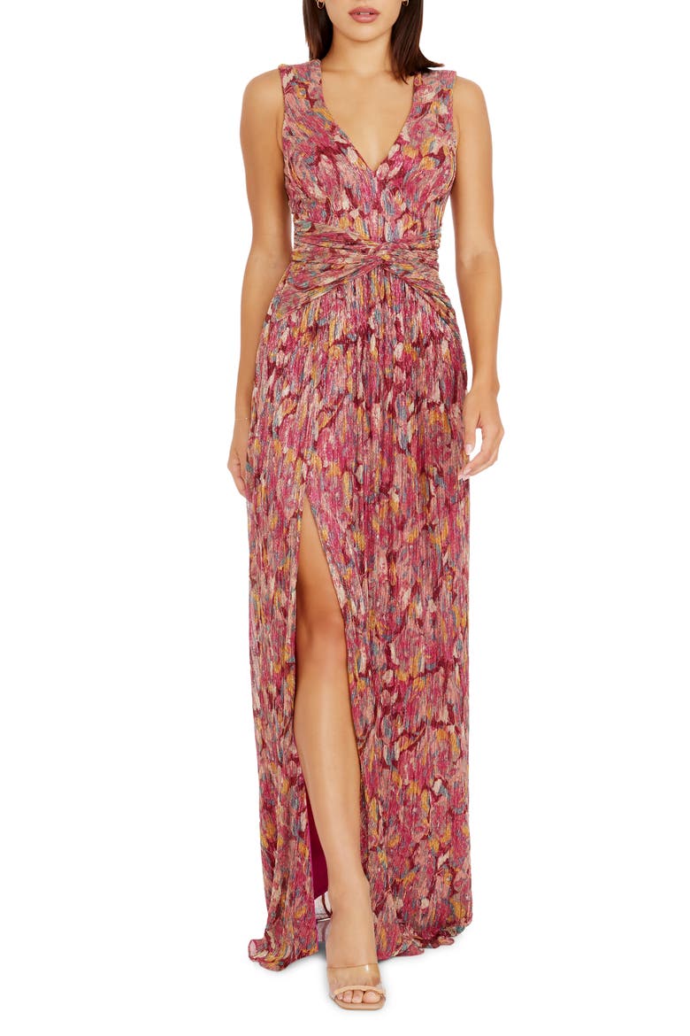 Leanna Print Metallic Sleeveless Gown, Main, color, BRIGHT FUCHSIA MULTI