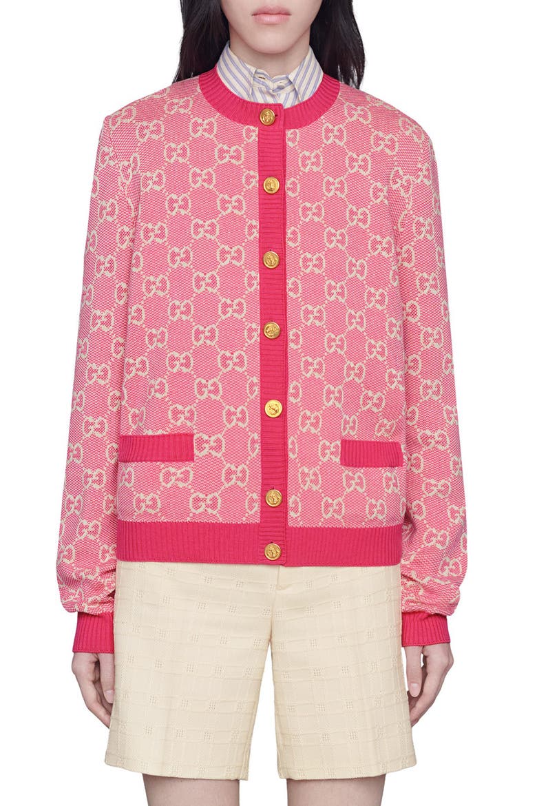 GG Logo Jacquard Wool Blend Cardigan, Main, color, FUCHSIA/ WHITE