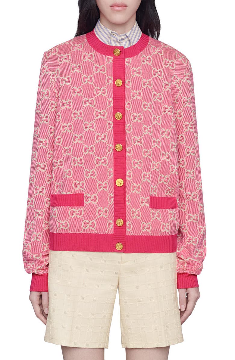Gucci GG Logo Jacquard Wool Blend Cardigan, Main, color, 