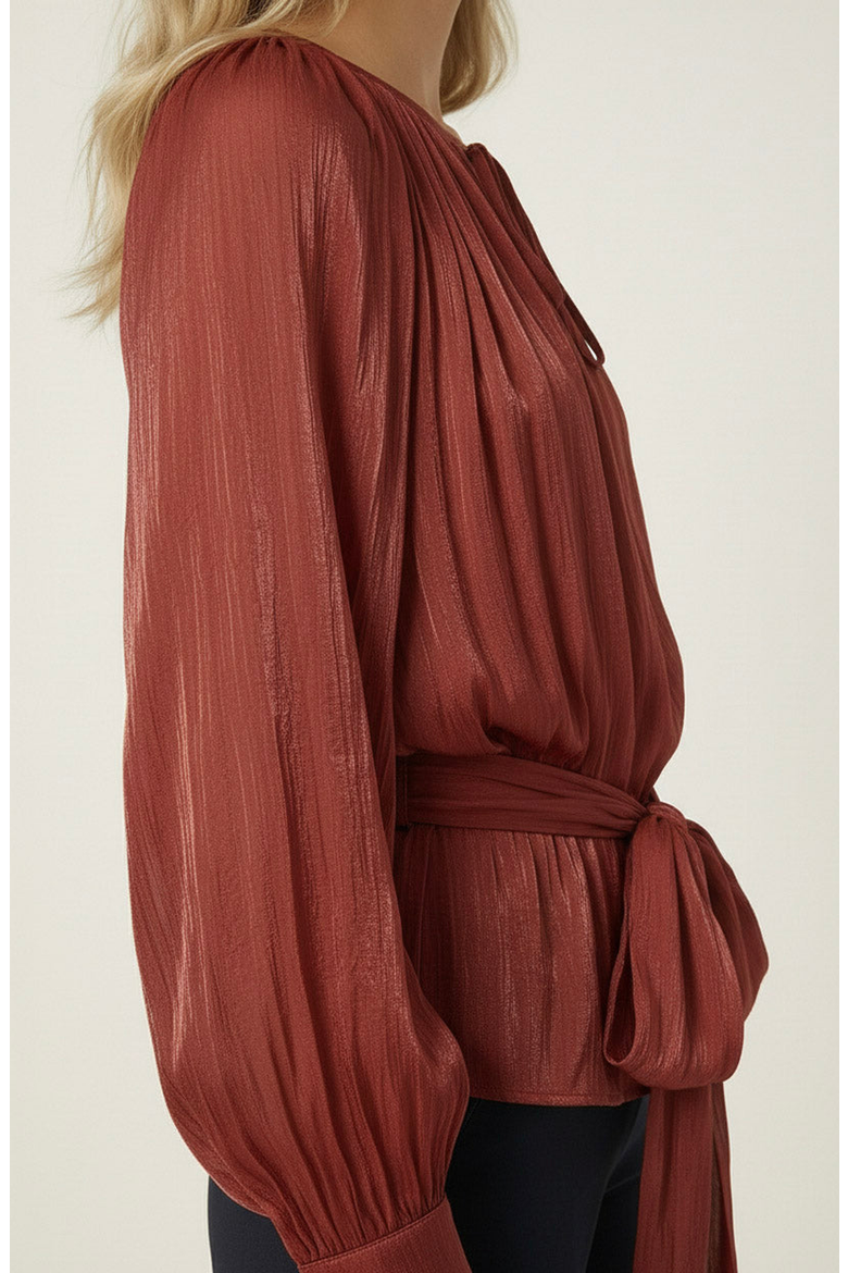Long Sleeve Tie Neck Waist Belt Blouse, Alternate, color, Rust