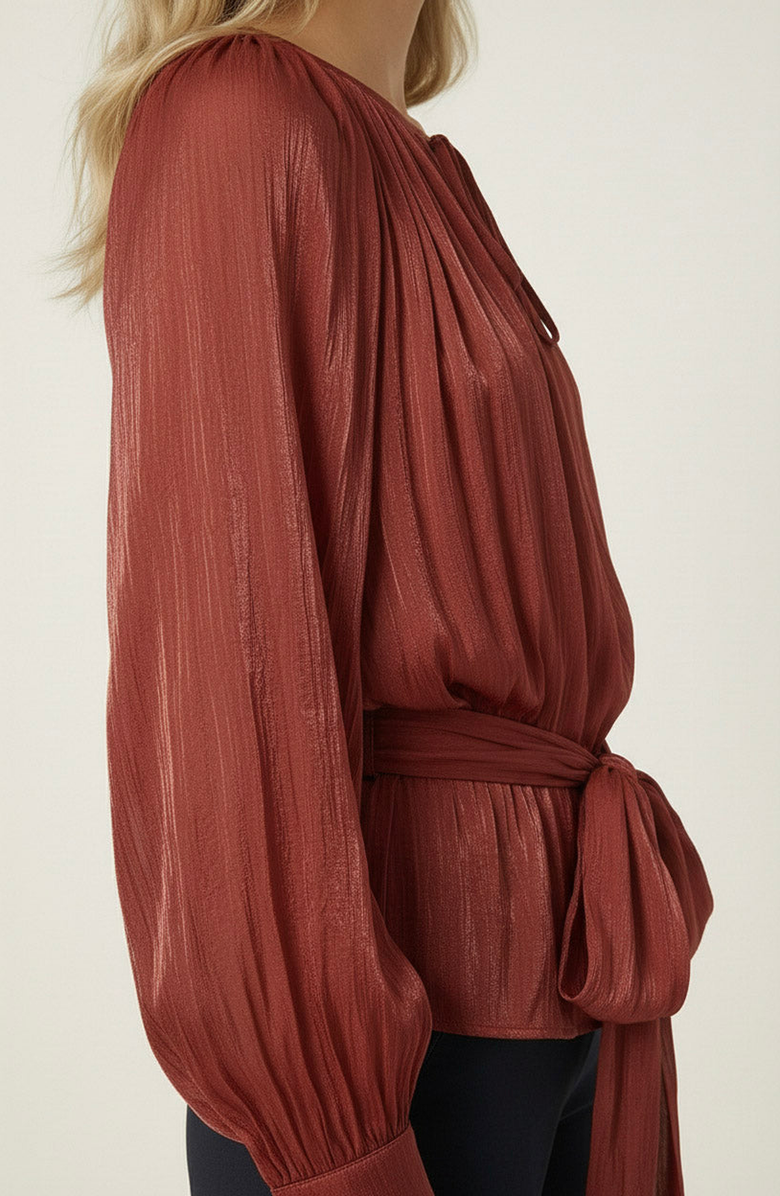 Modenaire Long Sleeve Tie Neck Waist Belt Blouse, Alternate, color, Rust