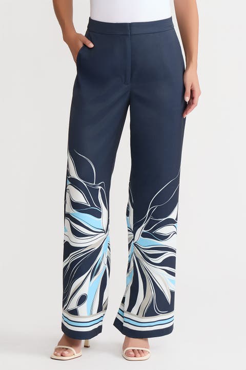 Crepe de Chine Wide-Leg Floral Abstract Pants