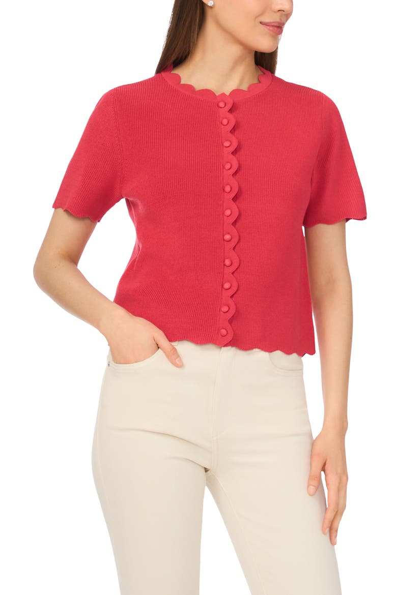 Scallop Edge Short Sleeve Cardigan, Main, color, CLARET
