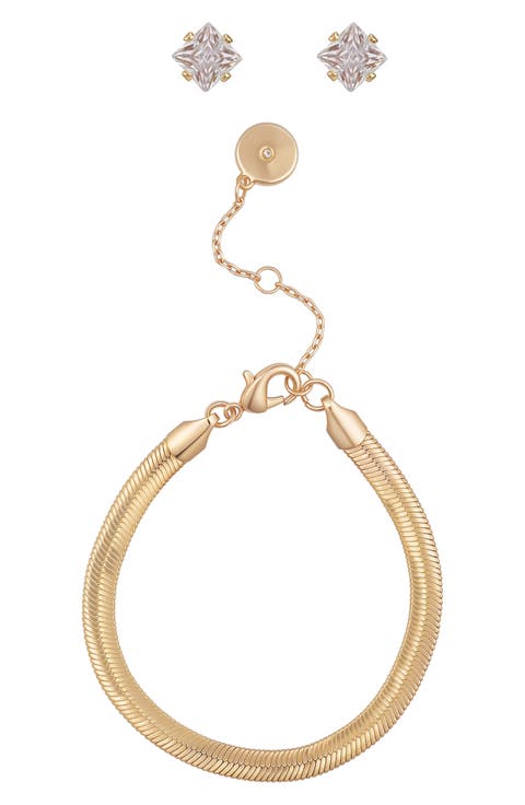 Snake Chain Bracelet & Cubic Zirconia Stud Earrings Gift Set