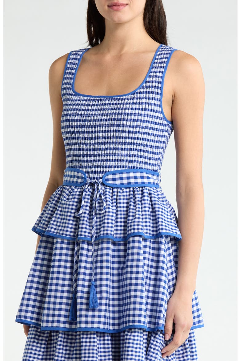 Vanna Gingham Tiered Midi Dress, Alternate, color, BLUE WHITE