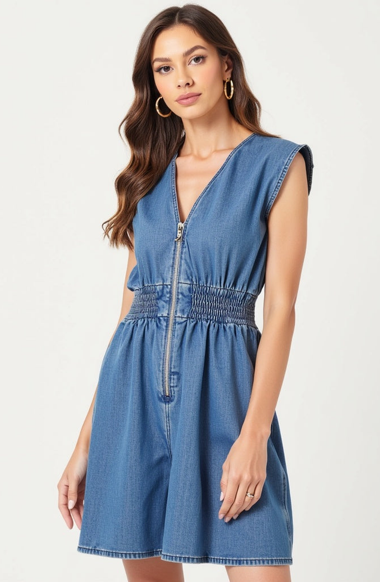 Modenaire Denim Cap Sleeve Smocked Waist Front Zip Closure Romper, Alternate, color, Denim Blue