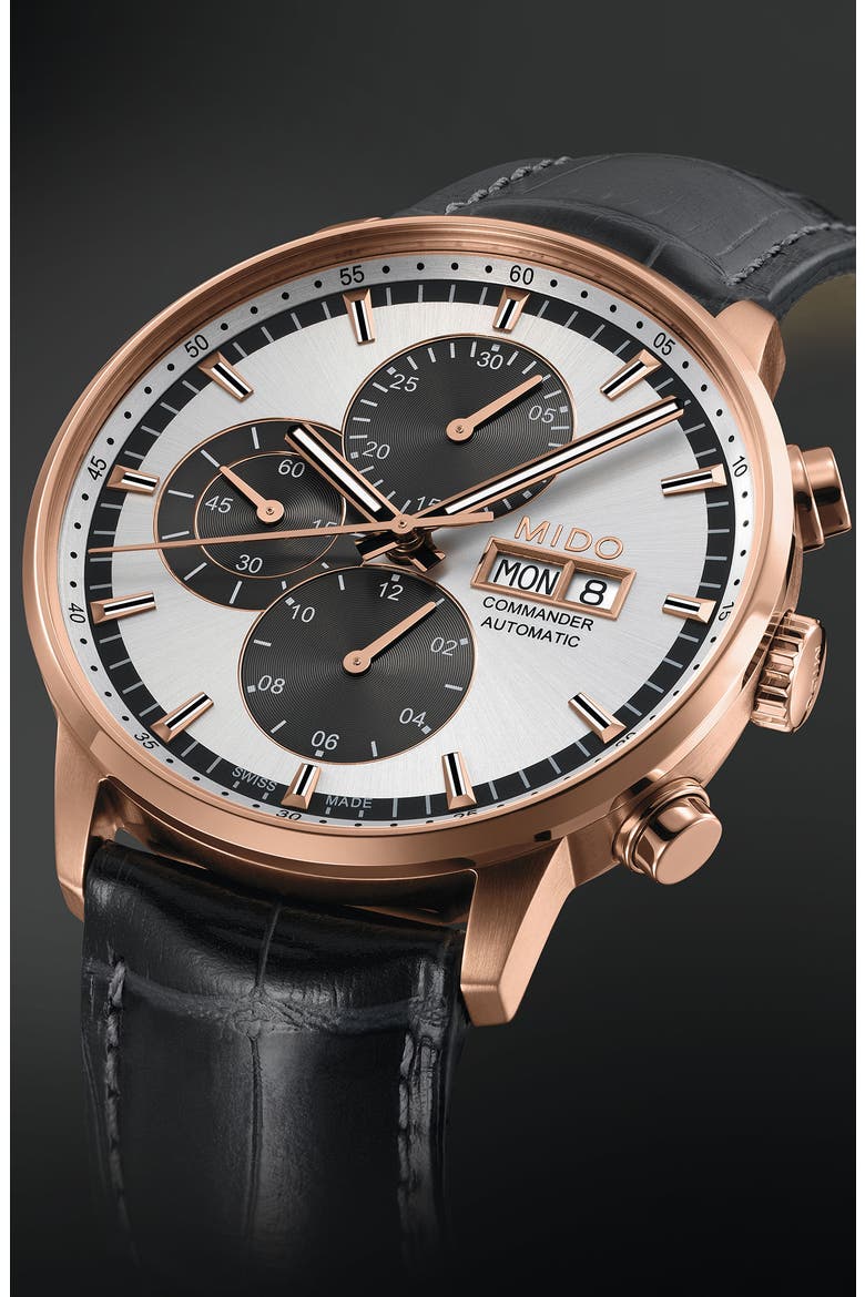 Commander Chronometer Leather Strap Watch, 42mm, Alternate, color, BLACK/ SILVER/ ROSE GOLD