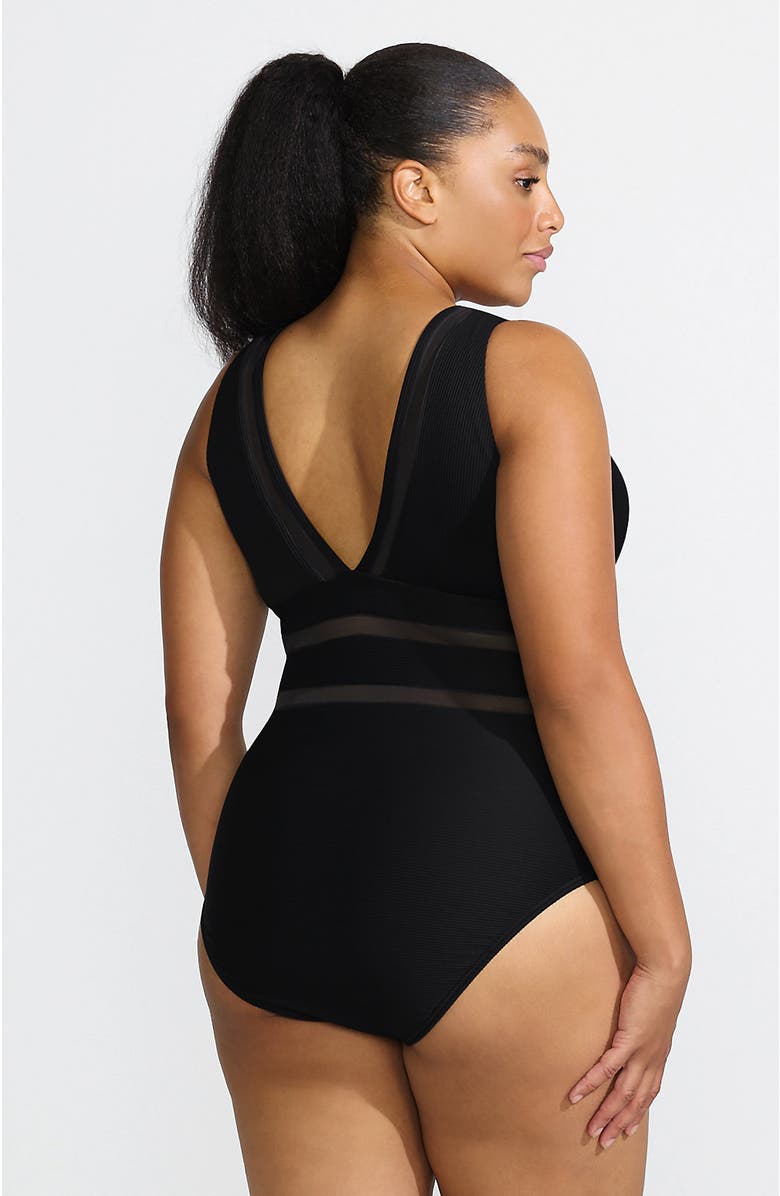 Lands' End Plus Size Mesh Ribbed Plunge High Leg One Piece Swimsuit, Alternate, color,