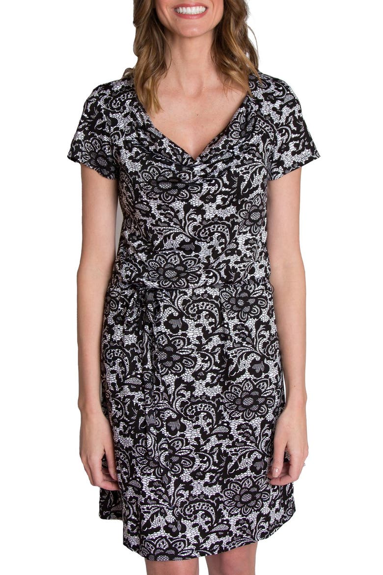 'Chic' Cowl Neck Nursing Dress, Main, color, BLACK/ WHITE LACE
