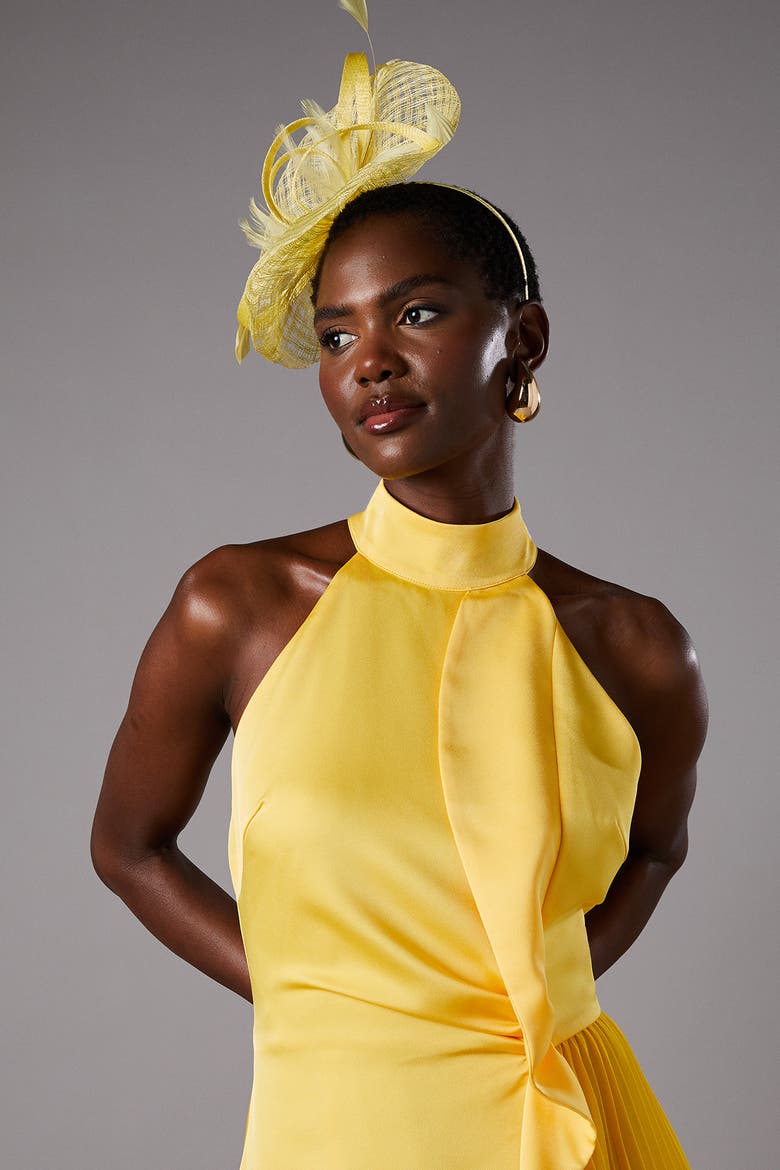 Halter Pleated Asymmetric Hem Midi Dress, Alternate, color, Yellow