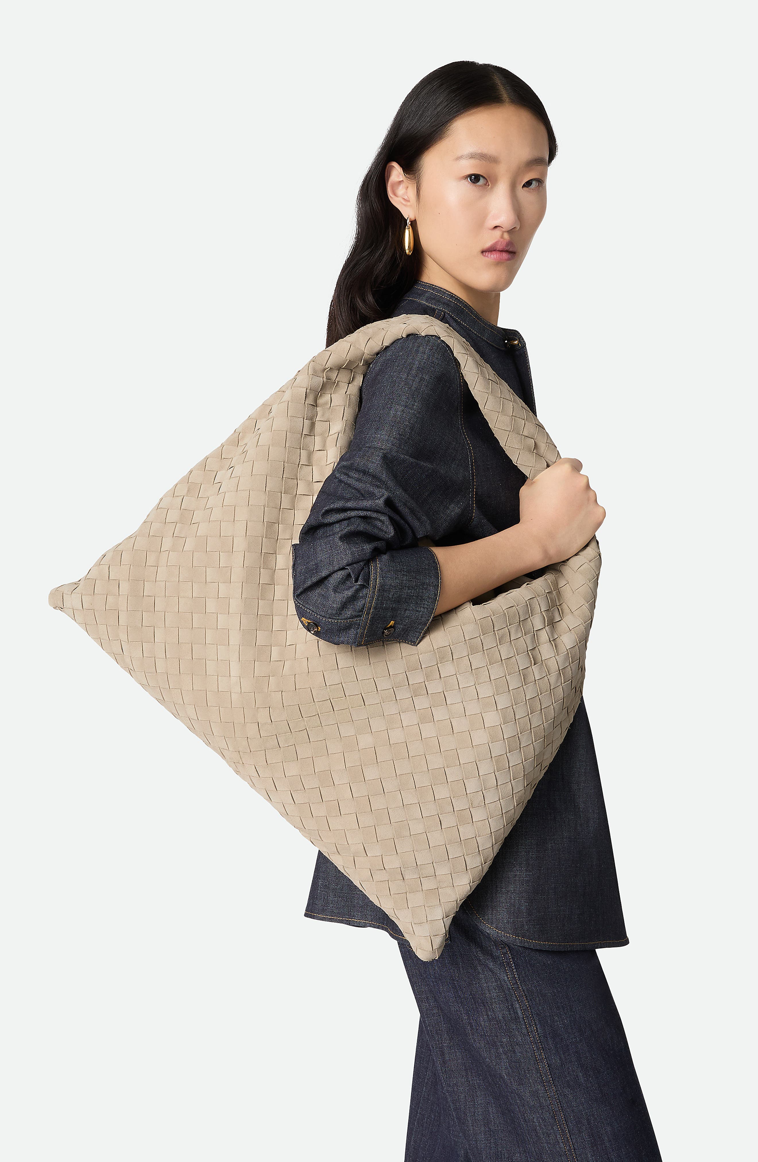 Bottega Veneta Large Hop Intrecciato Suede Hobo Bag, Alternate, color, 9614 Ecru-Muse Brass