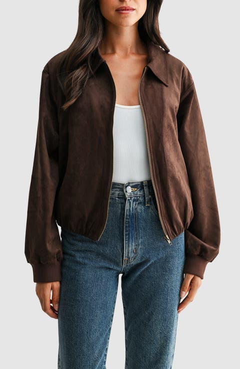 Stretch Faux Suede Bomber Jacket