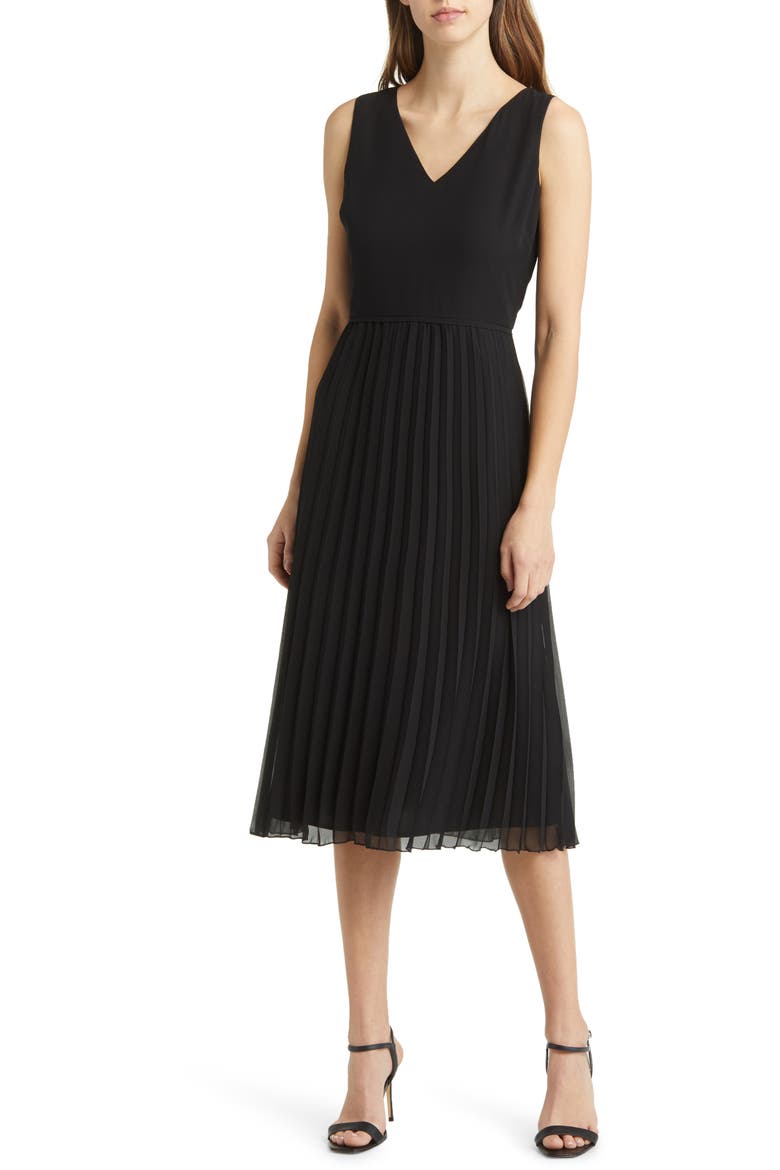 Pleated Skirt Sleeveless Dress, Main, color, BLACK