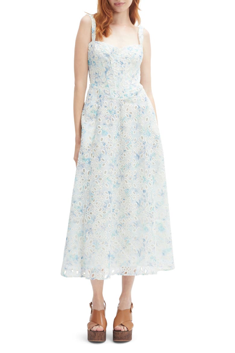 Adaline Eyelet Embroidered Corset Midi Dress, Main, color, BLUE WHITE