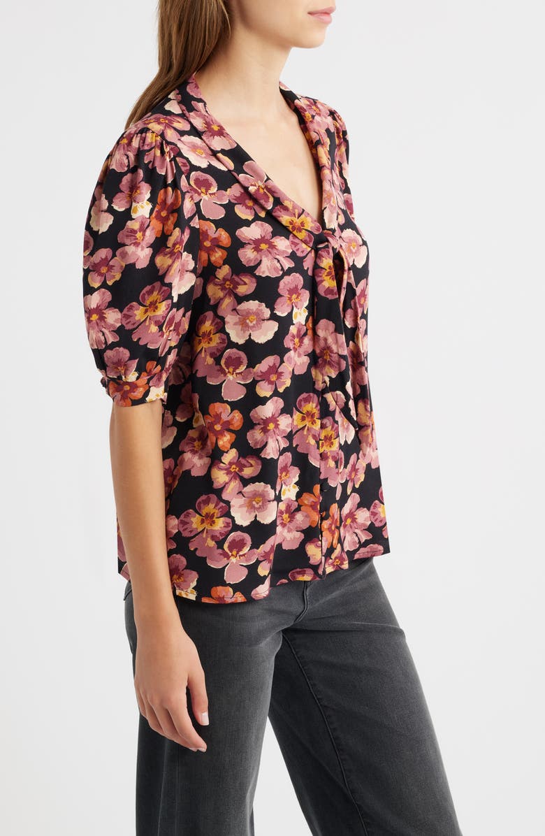 Reformation Joelle Floral Tie Neck Button-Up Top, Alternate, color, Pansy