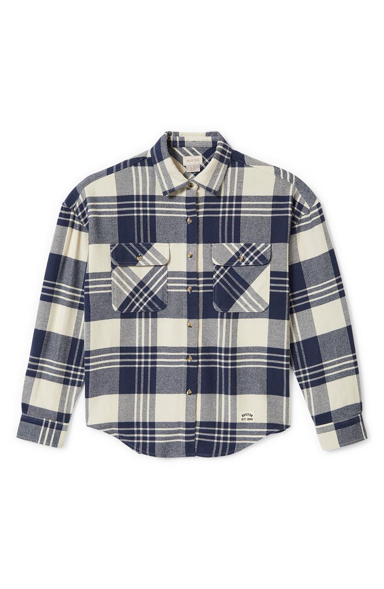Brixton Bowery Standard Fit Plaid Heavyweight Cotton Flannel Button-Up Shirt, Main, color, Azure Blue/ Whitecap Plaid
