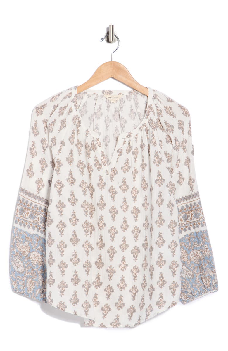 Lucky Brand Balloon Sleeve Cotton Top, Alternate, color, Cream Multi