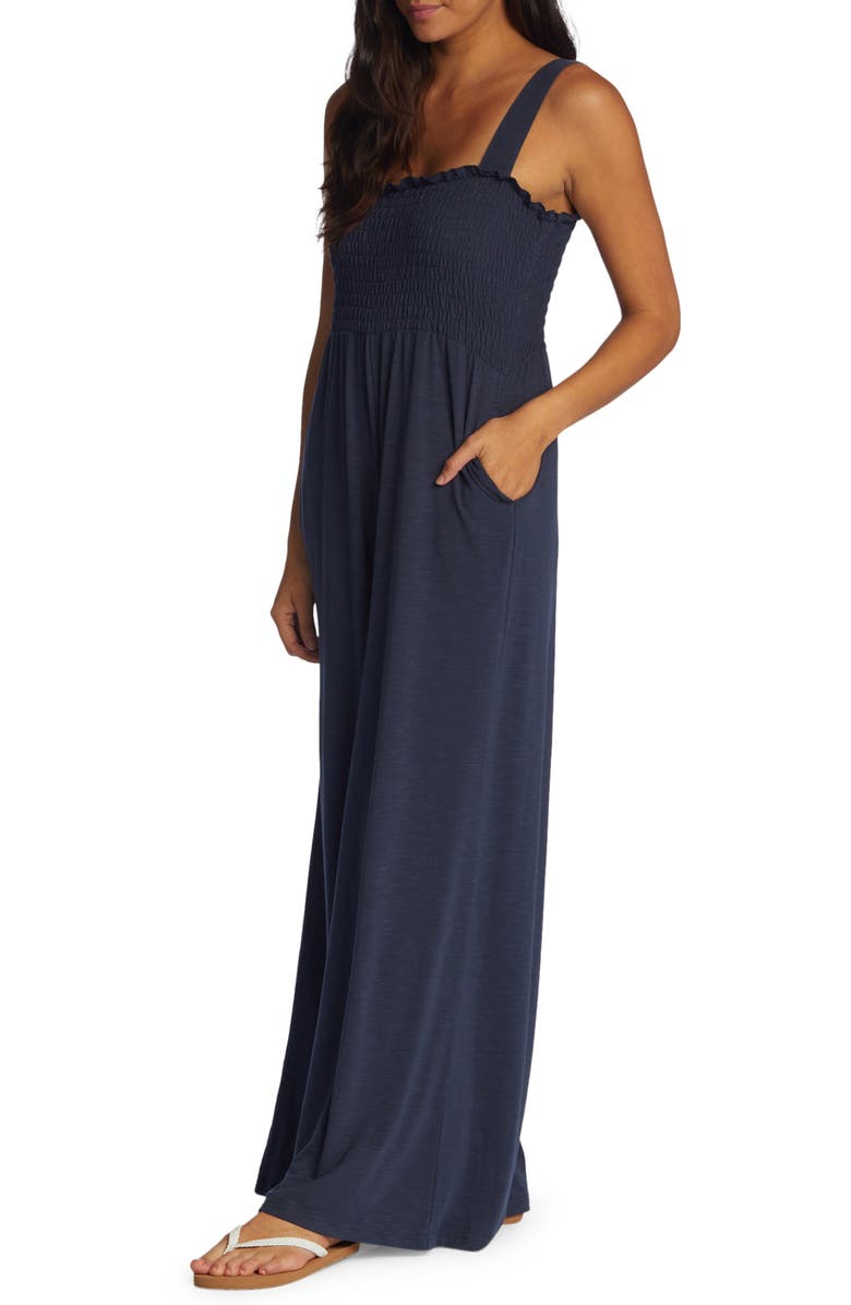 Roxy Just Passing By Smocked Square Neck Wide Leg Jumpsuit, Alternate, color,
