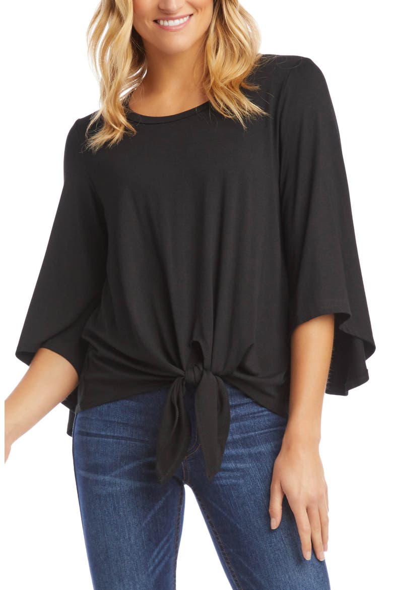 Tie Front Bell Sleeve Top, Main, color, BLACK